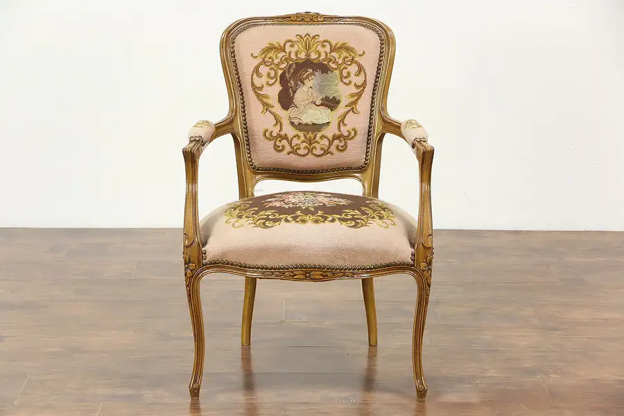 Main image of French Carved Vintage Chair, Needlepoint & Petit Point Upholstery