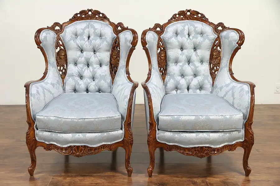 Main image of Pair Vintage Wing Chairs Carved Love Birds & Angels, New Upholstery