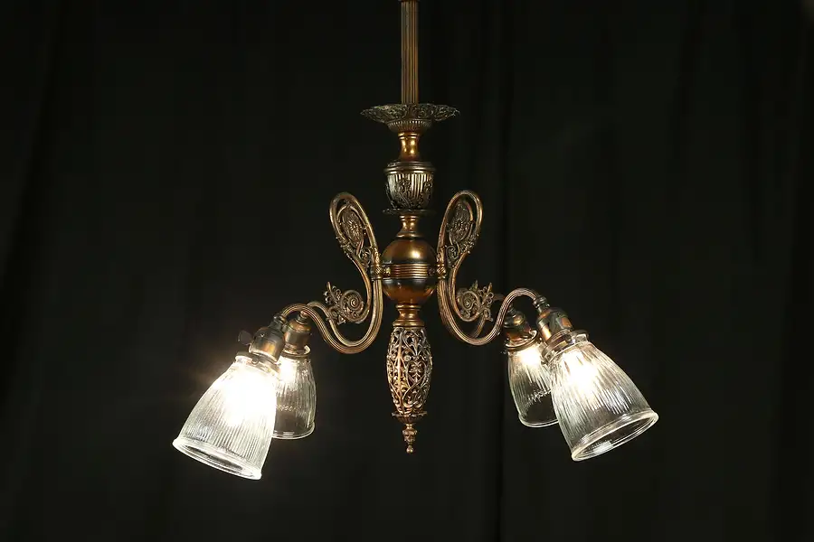 Main image of Victorian Antique Filigree Copper over Brass Chandelier, 4 Glass Shades