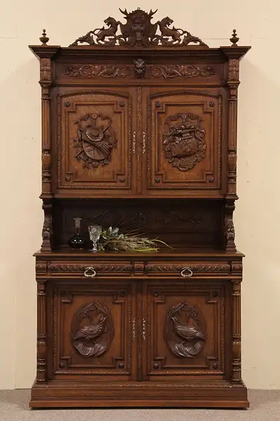 Main image of Hunting Lodge Carved Oak Antique Game Cabinet