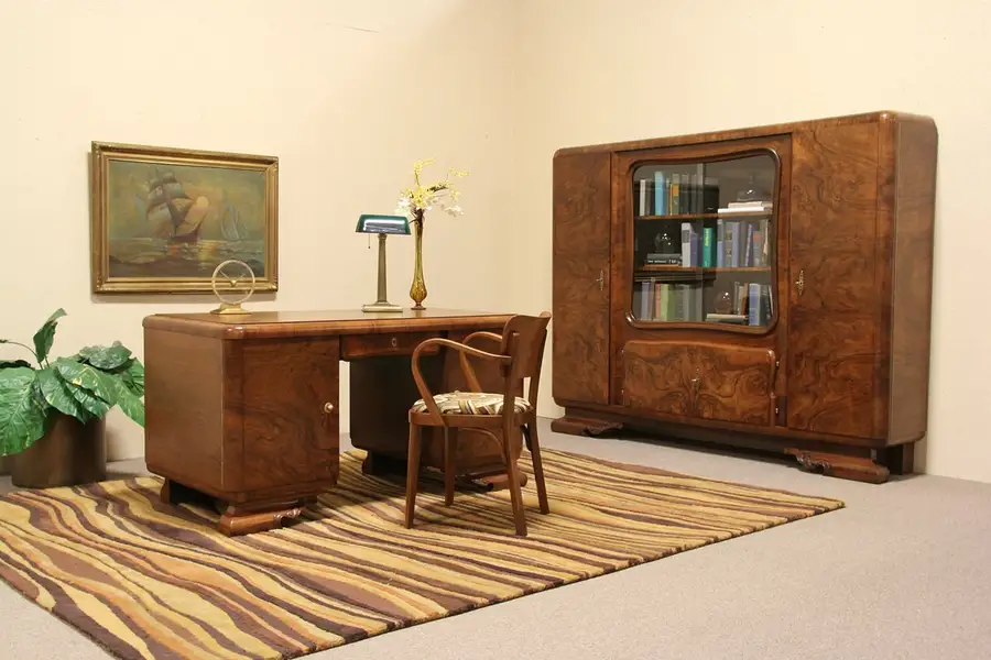 Main image of French Art Deco 1930 Antique Library Desk Set, Bookcase and Chair