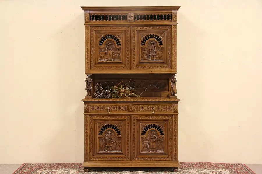 Main image of Brittany France 1900 Antique Carved Cabinet, Country Scenes