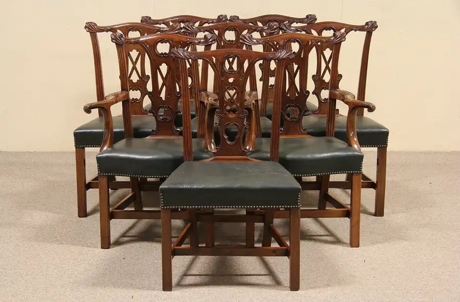 Main image of Set of 8 Carved Swedish Georgian Style Leather Antique Dining Chairs