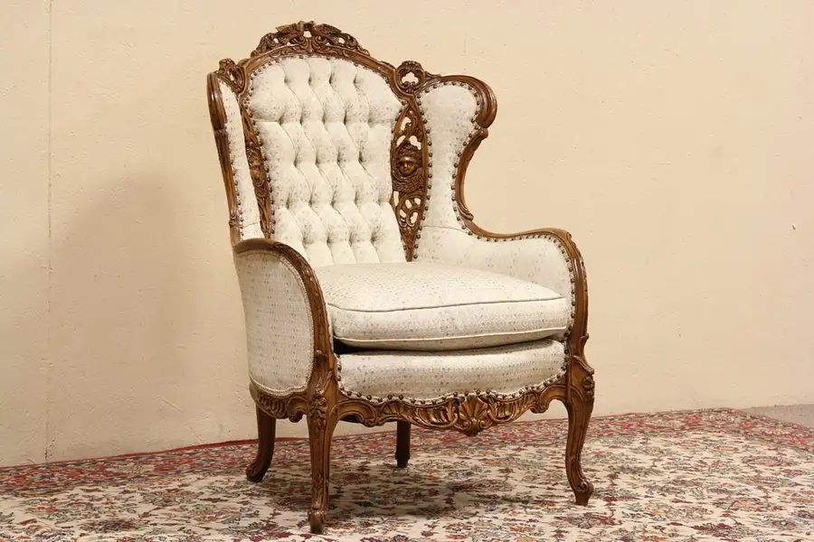 Main image of Carved Birds & Angels 1940's Vintage Wing Chair