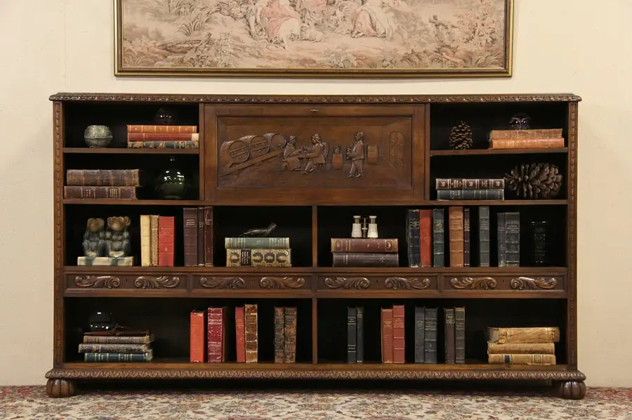 Main image of Tudor Carved Oak 1920's Antique Scandinavian Bookcase & Bar Cabinet