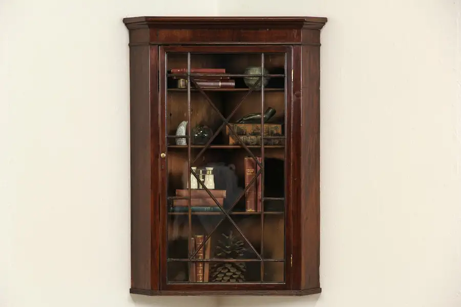 Main image of English Antique Georgian 1880 Hanging Corner Cabinet, Wavy Glass