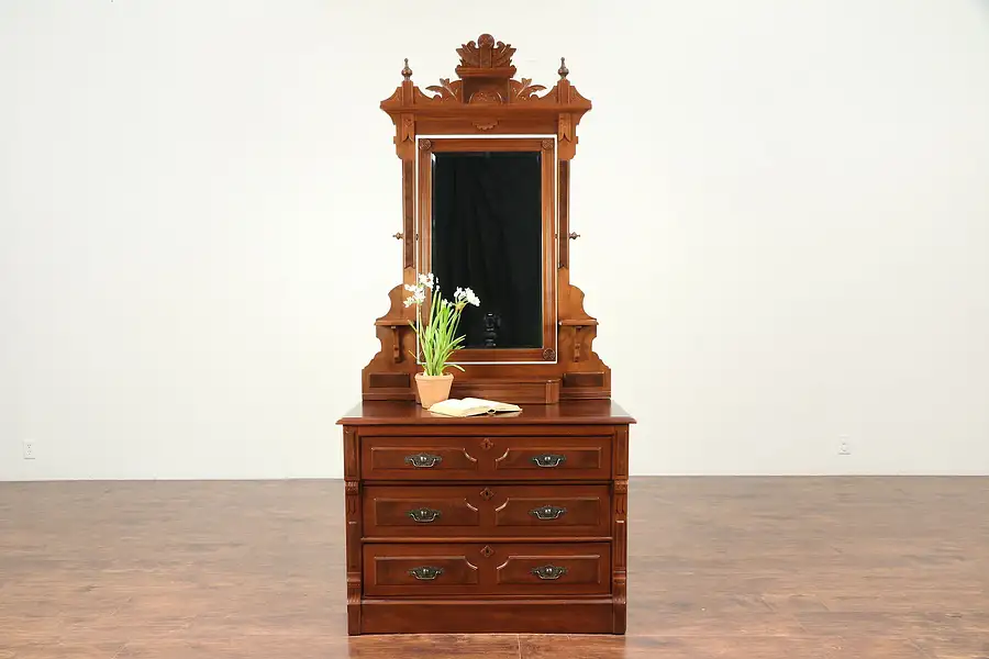 Main image of Victorian Eastlake Walnut Antique Dresser, Swivel Mirror, Jewelry Box