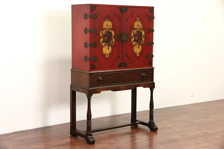 Main image of Spanish Colonial 1915 Antique Bar or China Cabinet, Hand Painted