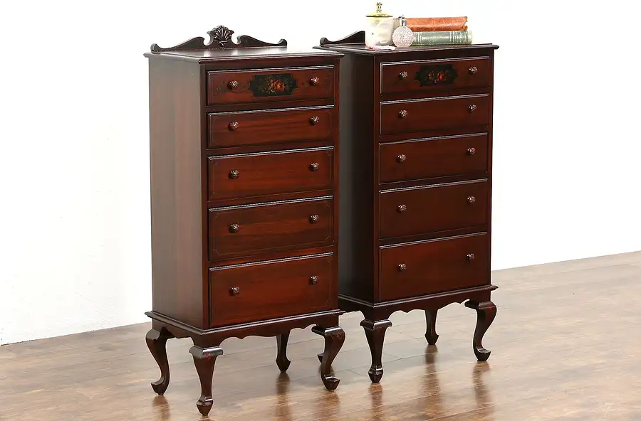 Main image of Pair Antique Painted Nightstands, Tall Lingerie, Jewelry or Collector Chests