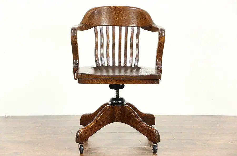 Main image of Oak Quarter Sawn 1915 Antique Swivel Adjustable Office or Library Desk Chair