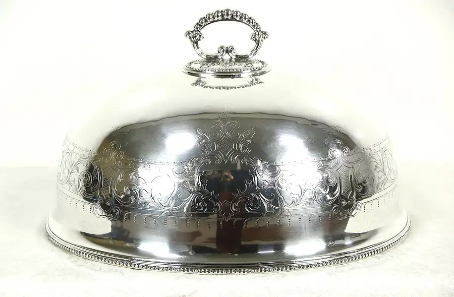 Main image of English Antique Silverplate 18" Engraved Turkey or Roast Serving Dome