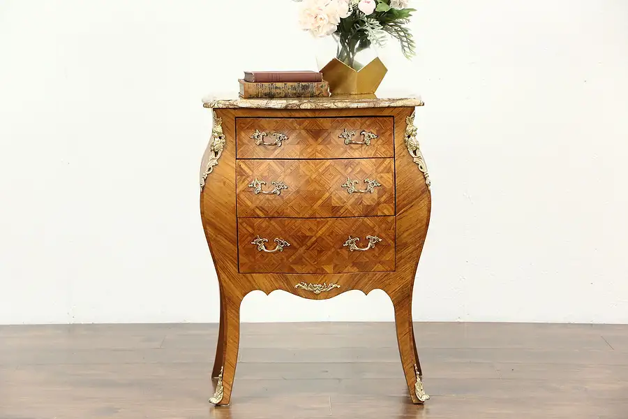 Main image of French Bombe Tulipwood Marquetry Vintage Chest or Commode, Marble Top