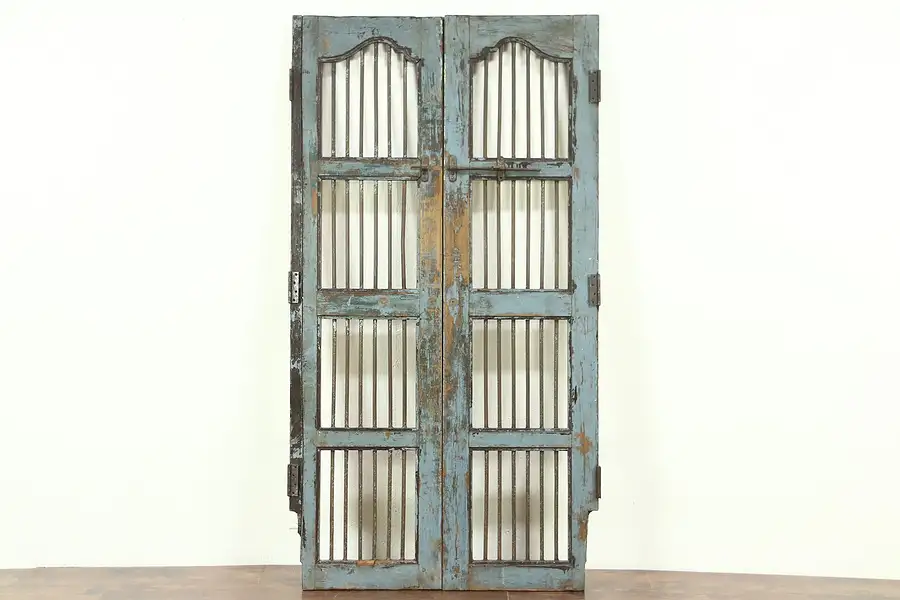 Main image of India Antique Architectural Salvage Pair 22" Gray Doors, Iron Bars, Wine Cellar