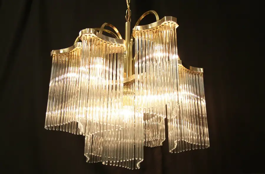 Main image of Mid Century Modern Chandelier, Glass Rod Prisms & Brass