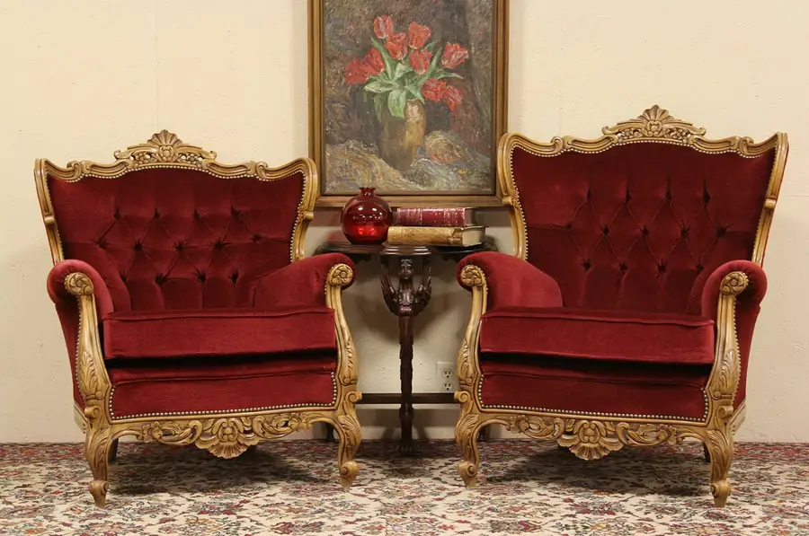 Main image of Pair of Carved French Vintage Wing Chairs, Red Mohair