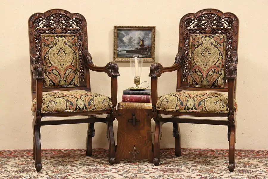 Main image of Pair French 1890 Oak Chairs Hand Carved Griffins