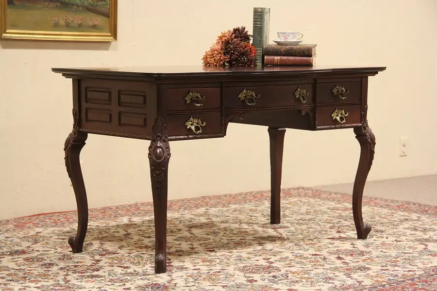 Main image of Mahogany Carved 1900 Antique Writing Desk, Original Brasses