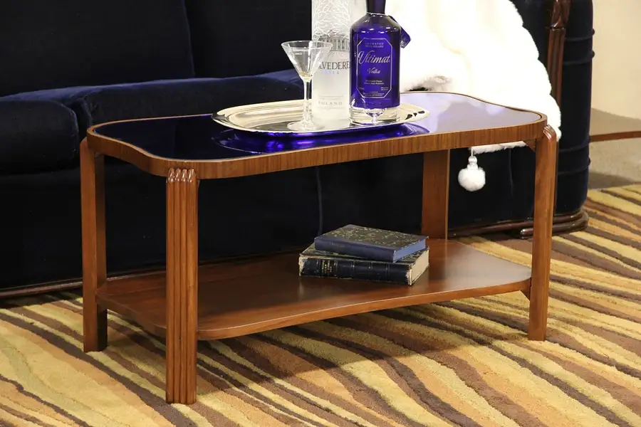 Main image of Art Deco 1940 Vintage Coffee or Cocktail Table, Blue Mirror