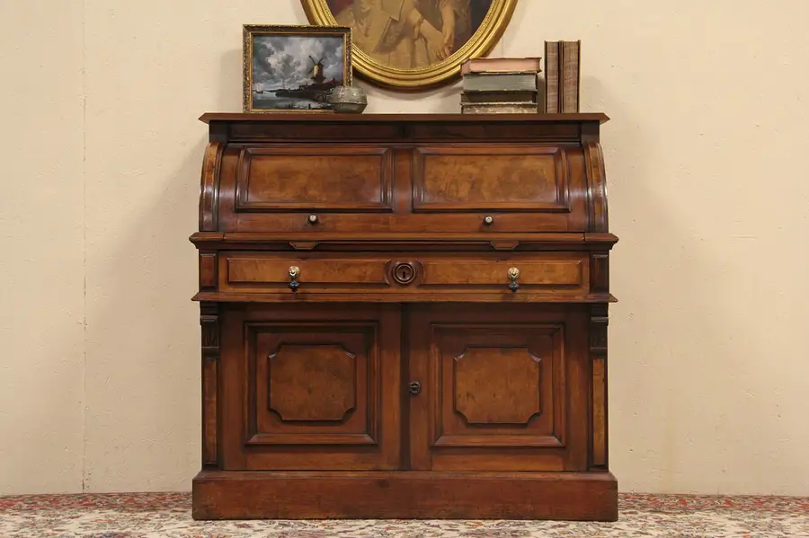 Main image of Victorian 1875 Antique Cylinder Rolltop Walnut Secretary Desk