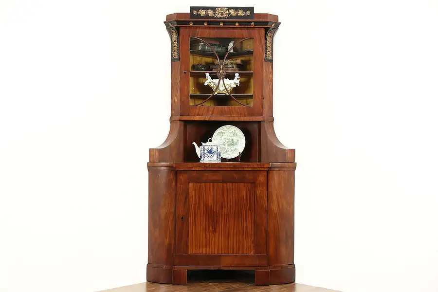 Main image of Biedermeier Empire Antique Corner Cabinet, Dionysius Wine Grapevine Motif