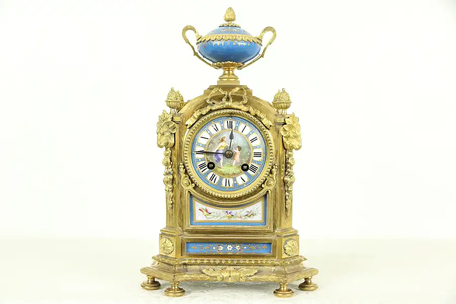 Main image of French Antique Bronze Clock, Sevres Blue Porcelain, Ram Heads