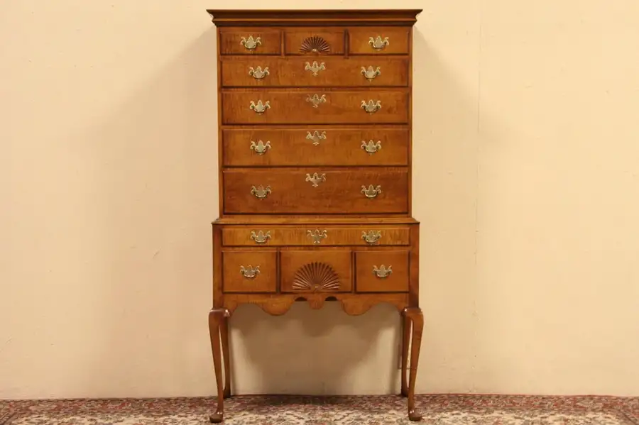 Main image of Eldred Wheeler Vintage Flat Top Highboy Chest, Curly Tiger Maple