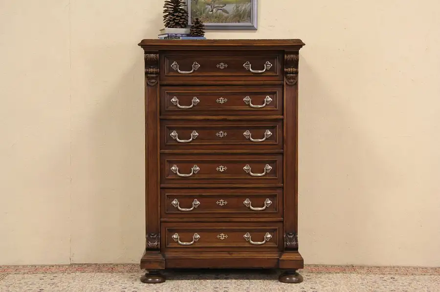 Main image of Tall Chest or Highboy, 1890 Marble Top Walnut German Antique