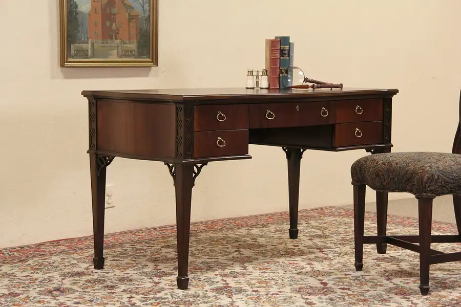 Main image of Sligh Vintage Mahogany Writing Desk, Gold Tooled Leather