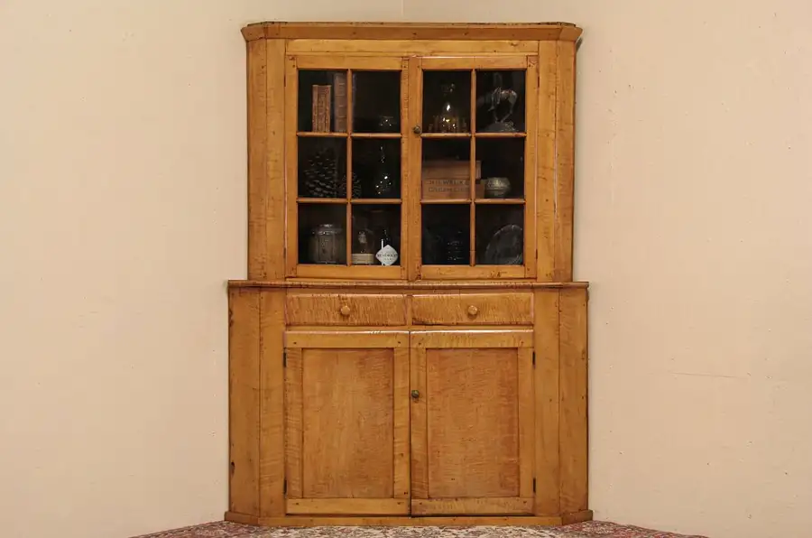 Main image of Curly Tiger Maple New England 1840 Antique Corner Cabinet or Cupboard