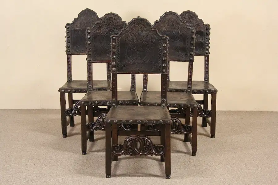 Main image of Spanish 1700's Antique Tooled Leather Set of 5 Dining Chairs, Carved Walnut