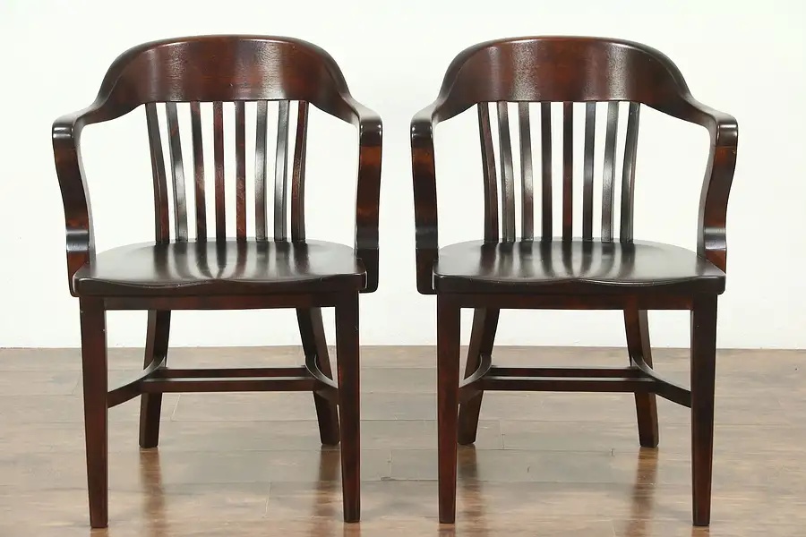 Main image of Pair Antique Banker, Library or Office Chairs, Mahogany Finish