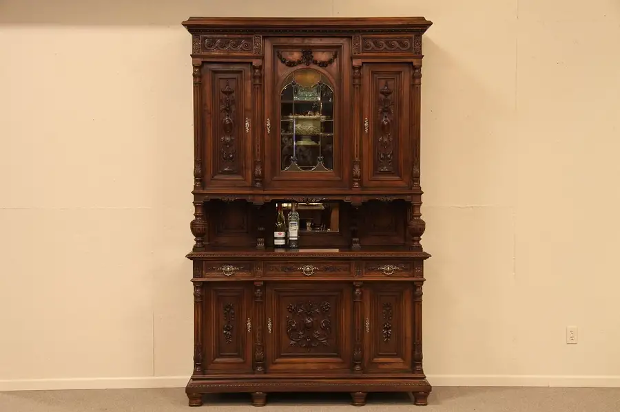 Main image of Carved Antique Cabinet, Stained Glass