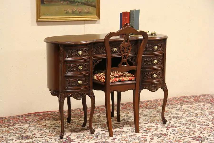 Main image of Antique 1930's Carved Kidney Desk & Chair Set