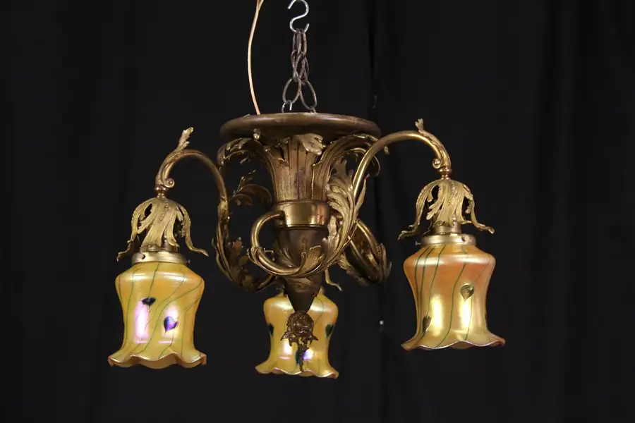 Main image of Bronze French 1900 Antique Chandelier, Art Glass Shades