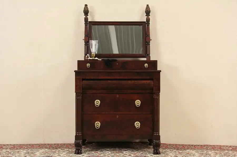 Main image of Empire 1820's New York Dresser, Chest or Dressing Table & Mirror, Lion Paw Feet