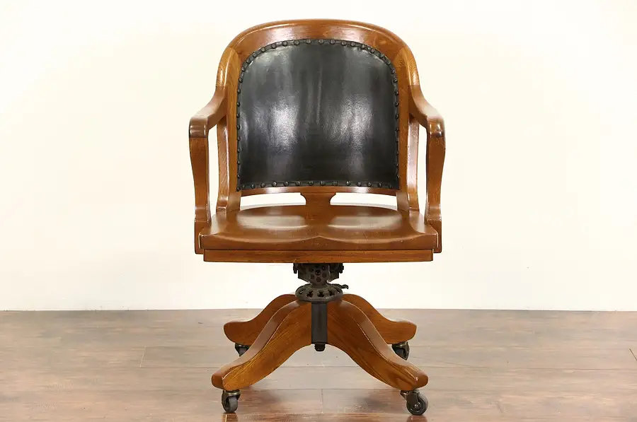 Main image of Oak Vintage Swivel Adjustable Desk Chair with Arms Signed Johnson, Pat 1914