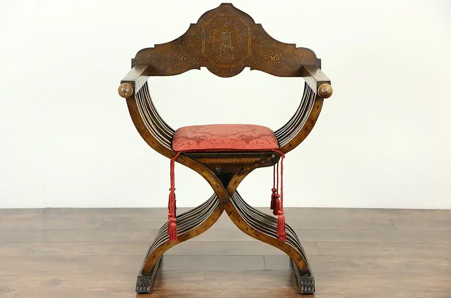 Main image of Savonarola Italian Antique 1890's Chair, Inlaid Marquetry