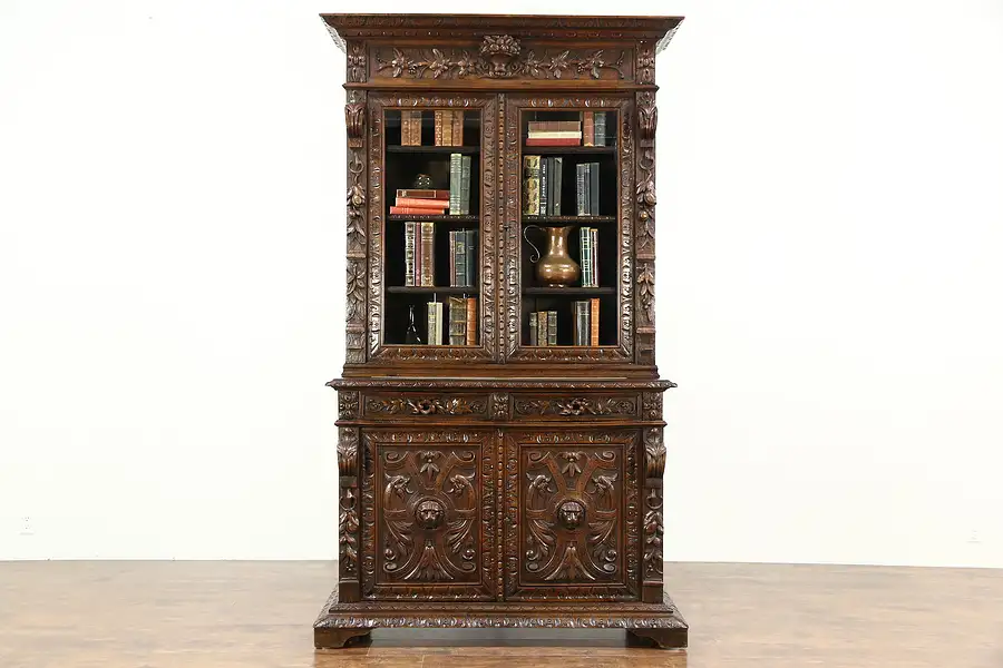 Main image of Black Forest Antique Oak Bookcase or China Cabinet, Carved Grapevines & Lions