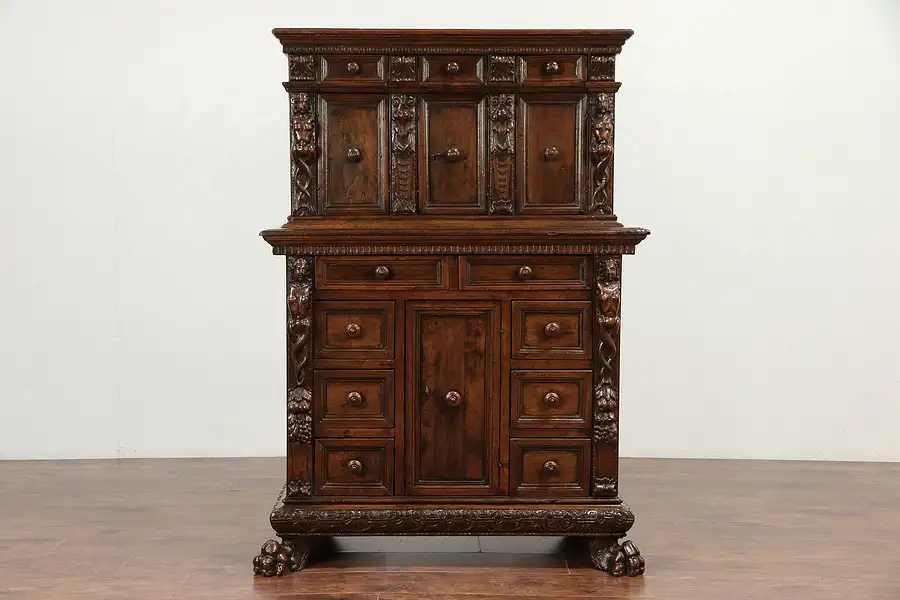 Main image of Antique 1750 Walnut Italian Apothecary Cabinet, Carved Figures & Paw Feet
