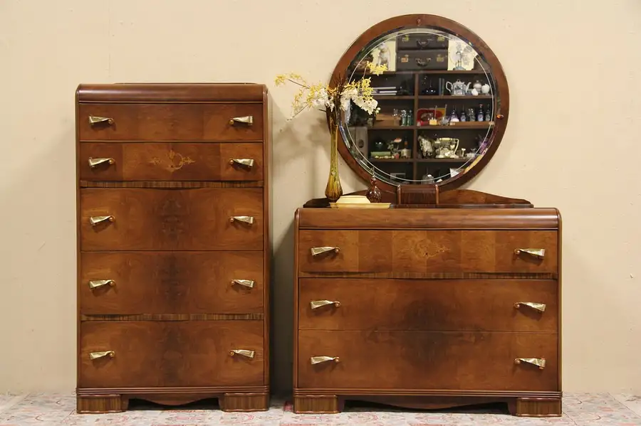 Main image of Art Deco 1940 Waterfall Dresser & Tall Chest, Bakelite Hardware