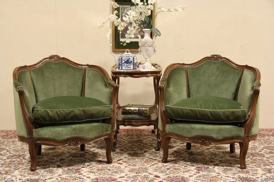 Main image of Country French Carved 1950 Vintage Pair of Chairs, Down Cushions