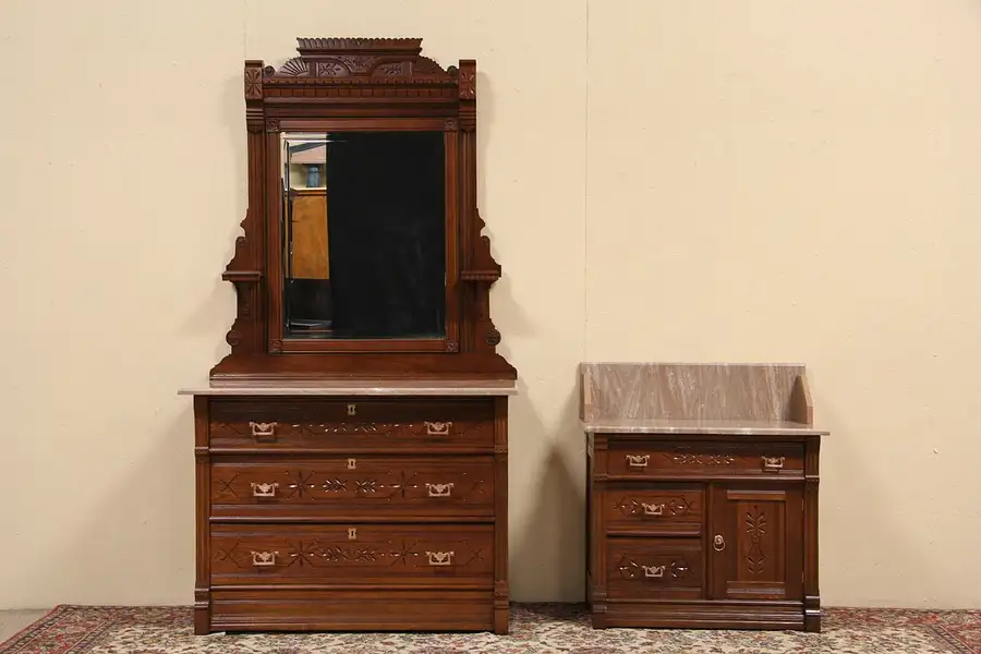 Main image of Set of 2 Eastlake 1880 Antique Ash Marble Top Bedroom Chests or Dressers