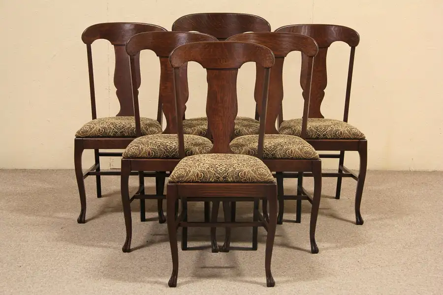 Main image of Set of 6 Oak 1900 Antique Paw Foot Dining Chairs, New Upholstery