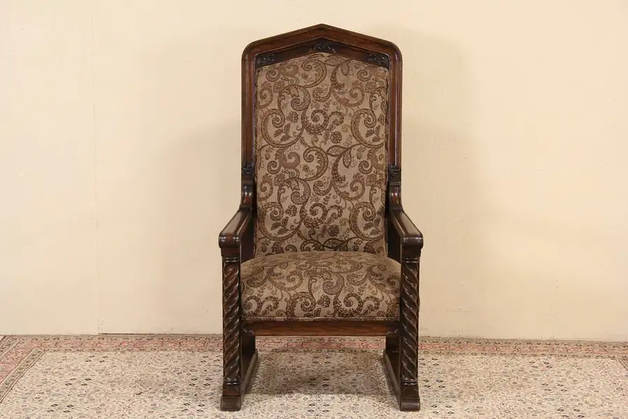 Main image of Northwestern University 1900 Carved Oak Throne or Hall Chair, New Upholstery