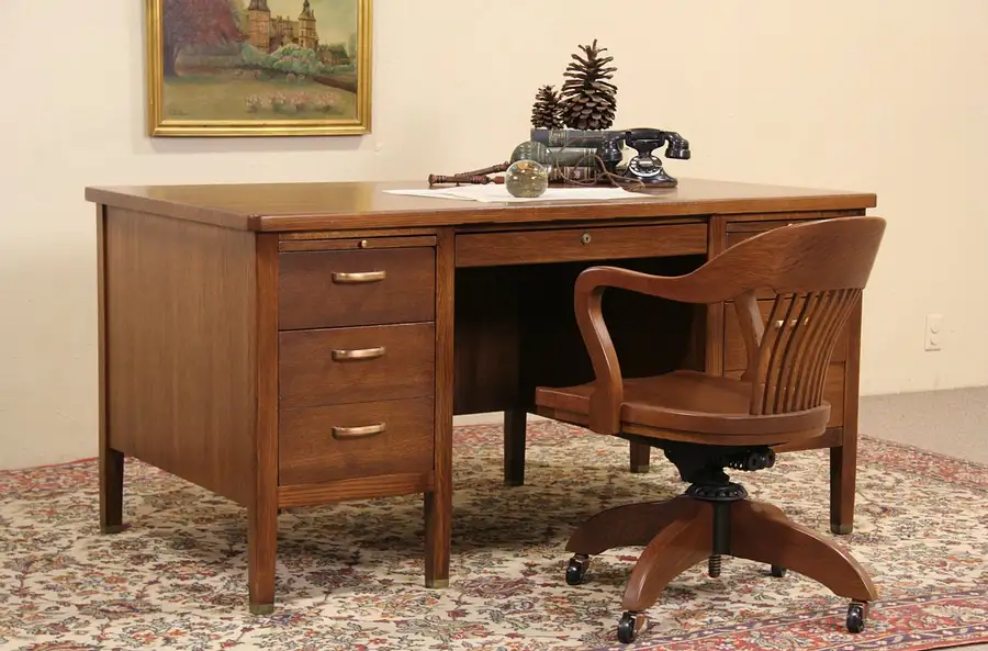 Main image of Oak Desk, 1940's Vintage, File Drawer & Pull Out Shelves, 5' Long