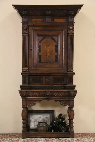 Main image of Dutch 1700's Antique Oak & Marquetry Crucifix Vestry Cabinet