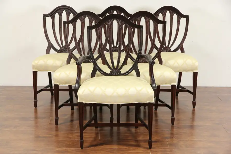 Main image of Set of 6 Vintage Hepplewhite Mahogany Shield Back Dining Chairs, New Upholstery