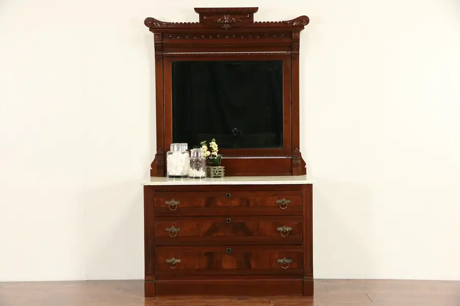 Main image of Victorian Eastlake 1880 Antique Chest or Dresser, Marble Top & Beveled Mirror