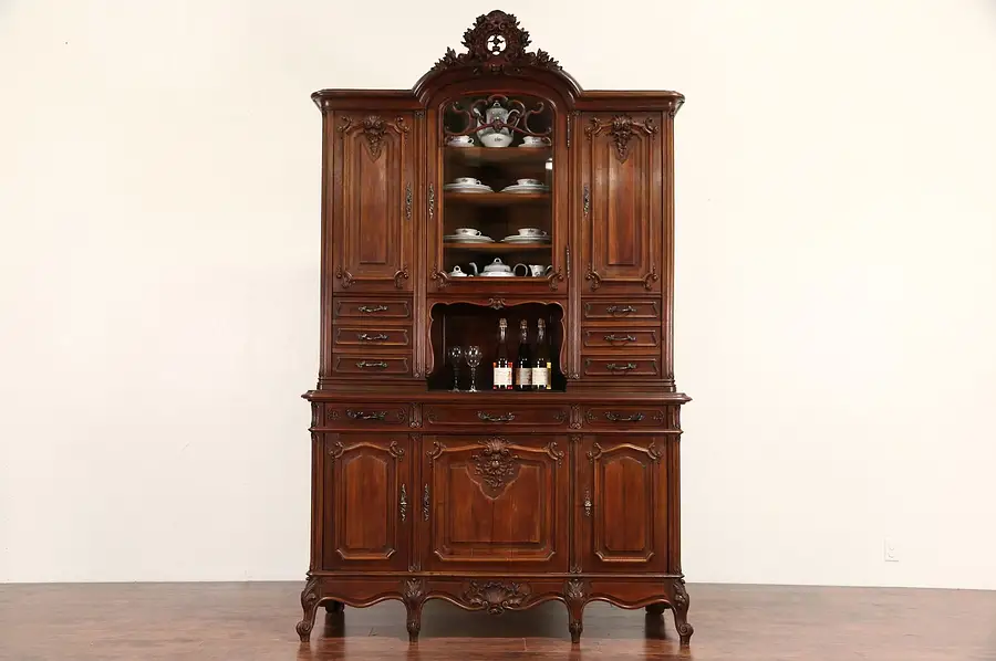 Main image of French Carved Walnut 1890's Antique Sideboard & China Cabinet, Beveled Glass