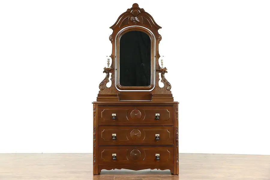 Main image of Victorian 1870 Antique Chest or Dresser, Carved Walnut, Mirror, Jewelry Boxes
